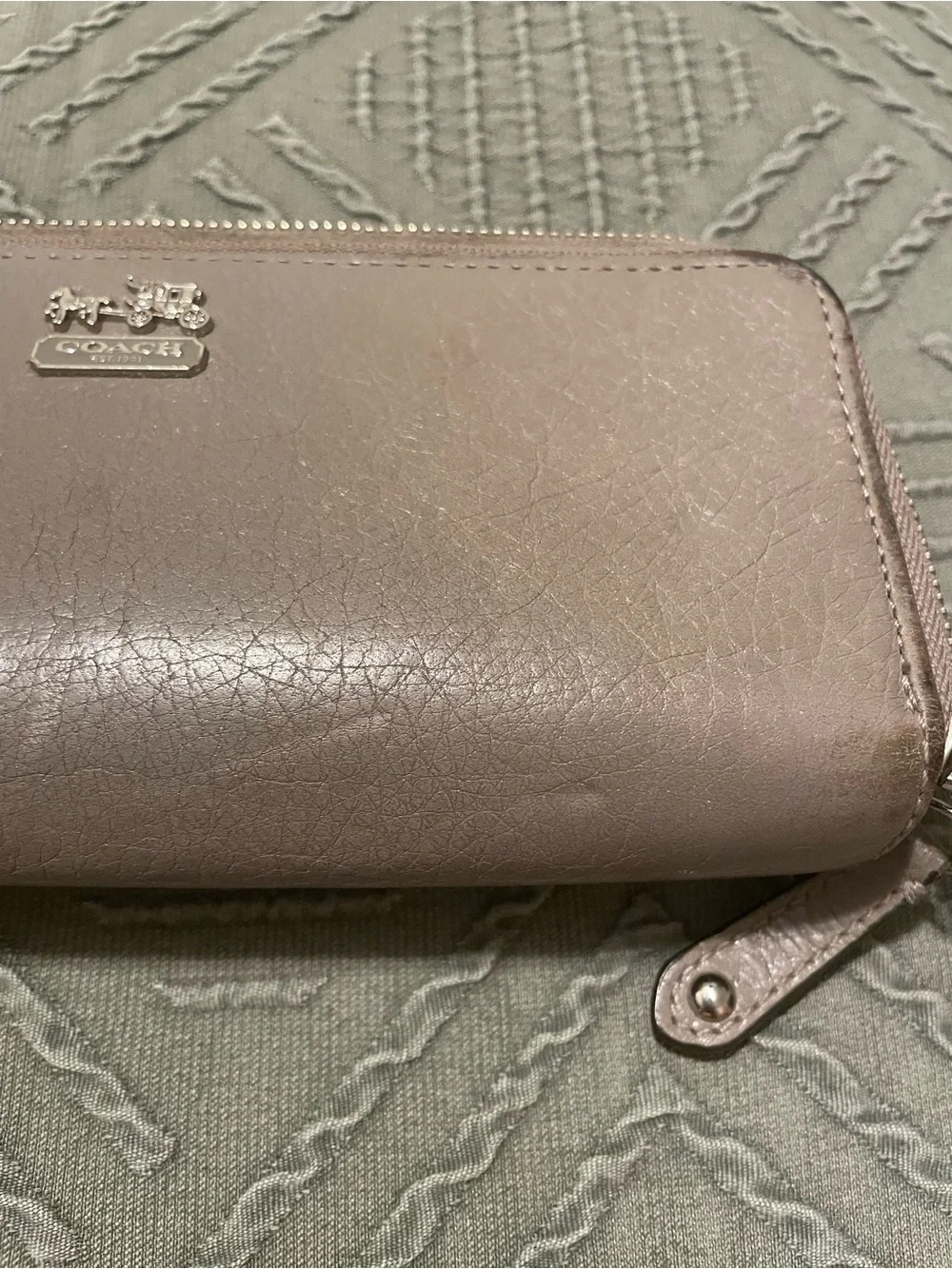 Coach Leather Zip Around Wallet in gray leather